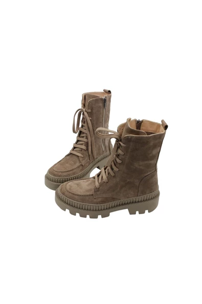 Gerçek Deri Bej Süet Bağcıklı Fermuarlı Rahat Günlük Kadın Bot - 6