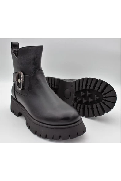 Hakiki Deri Kadın Bot Siyah Yandan Toka Detaylı Fermuarlı Bot - Resim 2