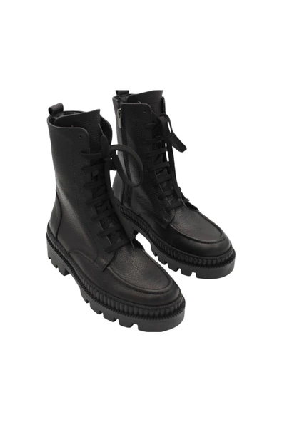 Hakiki Deri Siyah Kadın Bot Postal Kürklü Astar - 2