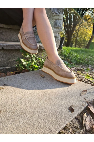 Hakiki Deri Bej Günlük Kadın Ayakkabı Loafer Eva Taban Makosen Babet Loafer1 - 2
