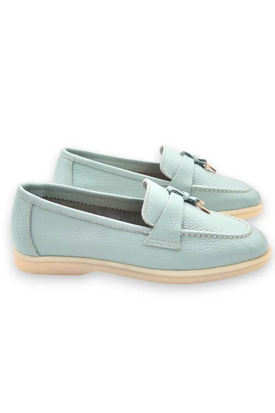 Hakiki Deri Mavi Kadın Günlük Ayakkabı Loafer Makosen