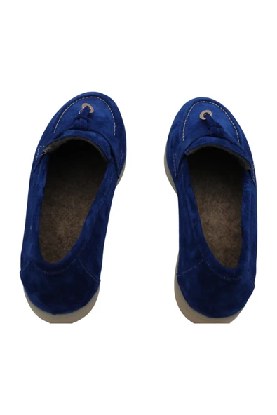 Hakiki Deri Kadın Kışlık Ayakkabı Mavi Keçe Astar Rahat Taban Loafer - 8