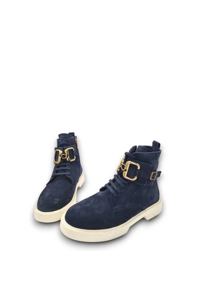 Bağcıklı Ve Fermuarlı Toka Detaylı Gerçek Deri Lacivert Kadın Günlük Bot - Resim 8