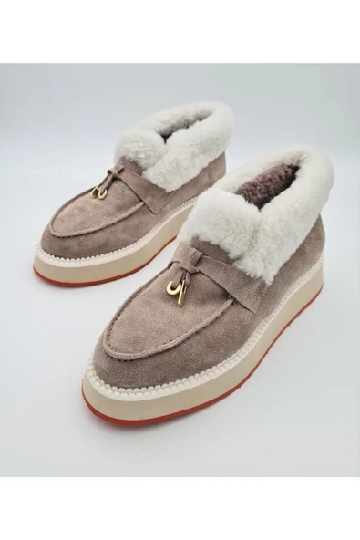 Hakiki Deri Bej Tokalı Kürk Astar Soğuk Geçirmez Hafif Kaymaz Eva Taban Günlük Kısa Kadın Bot - Resim 2