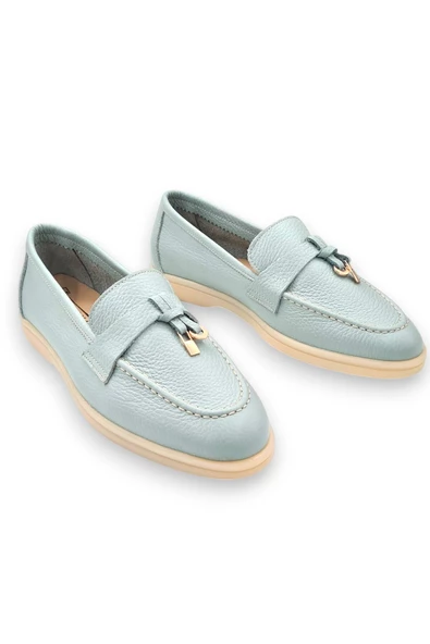 Hakiki Deri Mavi Kadın Günlük Ayakkabı Loafer Makosen - 2