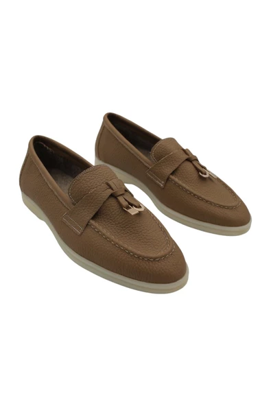 Hakiki Deri Kadın Kışlık Ayakkabı Taba Keçe Astar Rahat Taban Loafer - 3