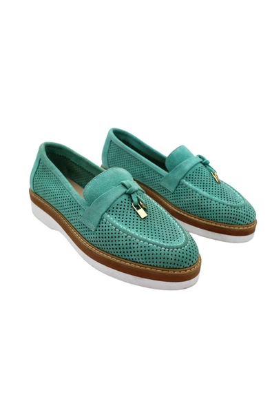Gerçek Deri Turkuaz Lazerli Günlük Kadın Ayakkabı - 3