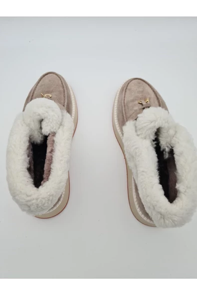 Hakiki Deri Bej Tokalı Kürk Astar Soğuk Geçirmez Hafif Kaymaz Eva Taban Günlük Kısa Kadın Bot - Resim 4