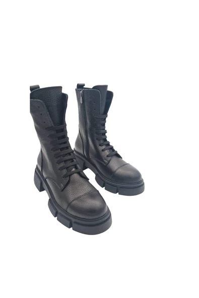 Hakiki Deri Siyah Bağcıklı Ve Fermuarlı Kadın Bot - Resim 2