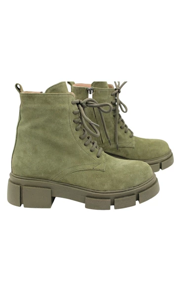 Gerçek Deri Yeşil Süet Bağcıklı Ve Fermuarlı Kadın Bot