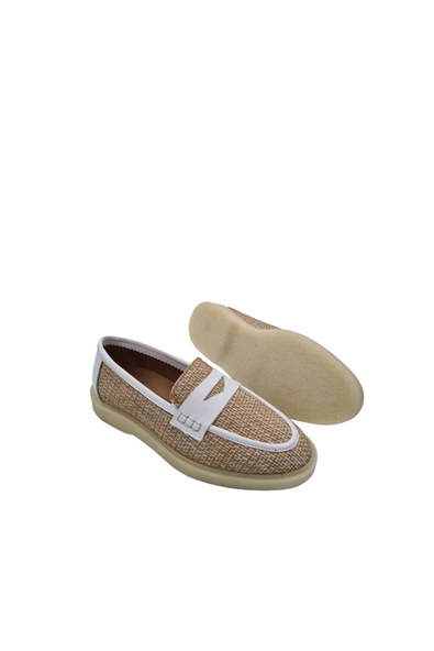 Hakiki Deri Keten Detaylı Kadın Beyaz Günlük Ayakkabı - 6