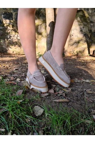 Hakiki Deri Bej Günlük Kadın Ayakkabı Loafer Eva Taban Makosen Babet Loafer1 - 4