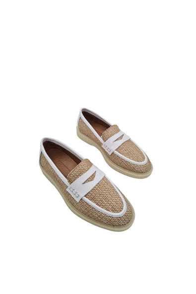 Hakiki Deri Keten Detaylı Kadın Beyaz Günlük Ayakkabı - 7