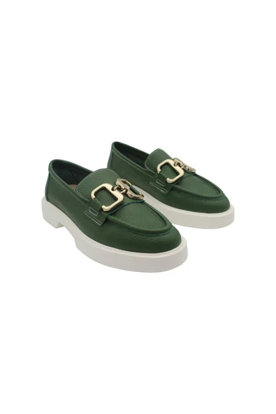 Gerçek Deri Yeşil Lüks Toka Detaylı Çok Hafif Rahat Günlük Kadın Ayakkabı - Resim 3