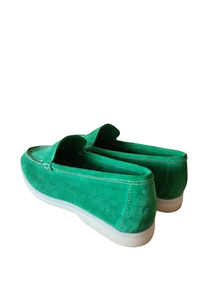 Hakiki Deri Yeşil Günlük Kadın Ayakkabı Loafer Makosen - Resim 4