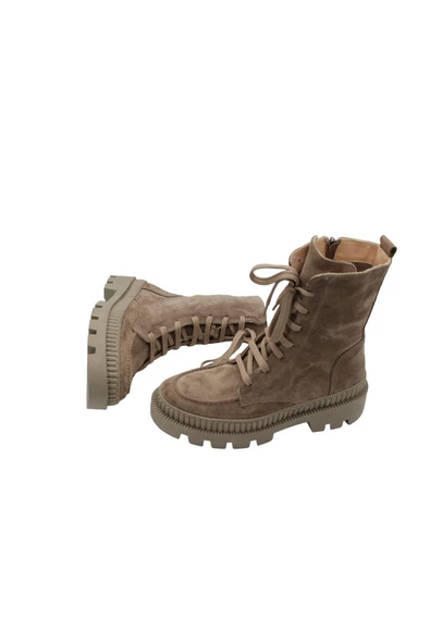 Gerçek Deri Bej Süet Bağcıklı Fermuarlı Rahat Günlük Kadın Bot - 7