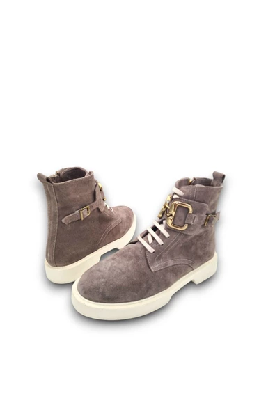 Bağcıklı Ve Fermuarlı Toka Detaylı Gerçek Deri Kahverengi Kadın Günlük Bot - 5