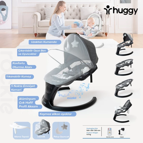 Huggy Rockie Yenidoğana Uygun Kumandalı Bluetooth Müzikli Mama Tepsili Ana Kucağı