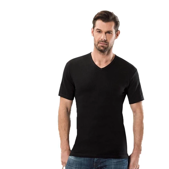 Anıt 6 Adet Erkek V Yaka Atlet Ribana  Siyah 2XL
