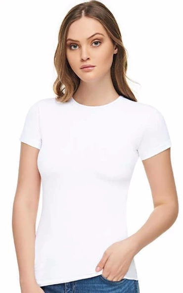 TUTKU ELİT 2202 Sıfır Yaka Kadın Tişört - 1 Adet Beyaz XL