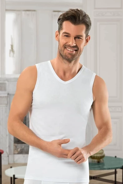 Jiber Erkek V Yaka Sıfır Kol Atlet 6'lı Paket - 123   Beyaz L - Resim 2