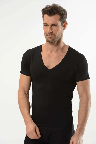 Jiber Erkek Likralı V Yaka Yarım Kol Fanila 6'lı Paket-213  XL Siyah - Resim 4