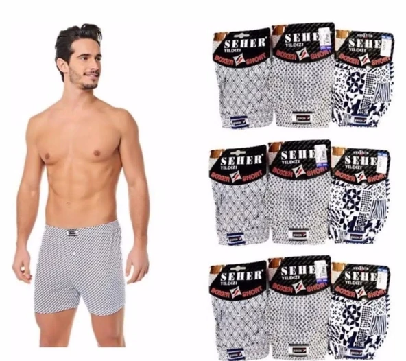 Seher Yıldızı Erkek Desenli Boxer 007 - 12 Adet  L Karışık Renk