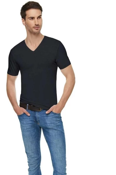 Tutku Elit Erkek V Yaka Likralı Kısa Kol Fanila Atlet 1303 - 9 Adet  Siyah 2XL