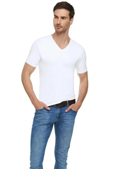 Tutku Elit Erkek V Yaka Likralı Kısa Kol Fanila Atlet 1303 - 9 Adet  Beyaz 2XL