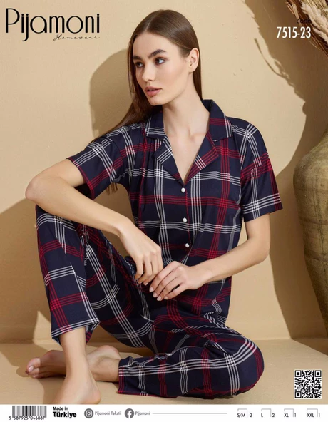 Pijamoni Kadın Kısa Kol Boydan Düğmeli Pijama Takımı - 7515-23  Lacivert S - M