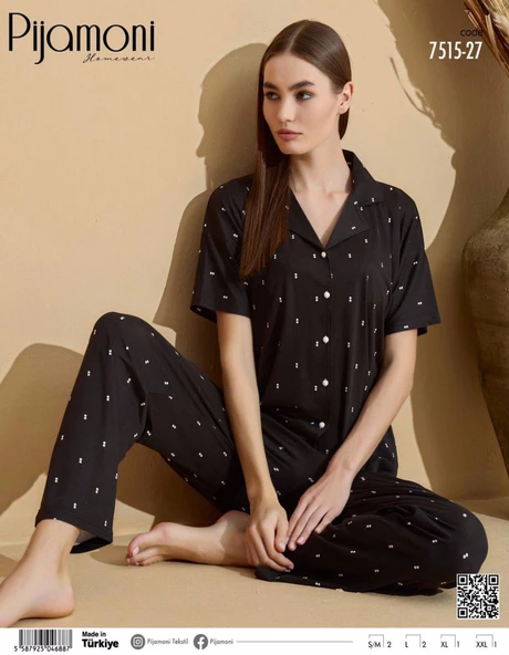 Pijamoni Kadın Kısa Kol Boydan Düğmeli Pijama Takımı - 7515-27  Siyah L