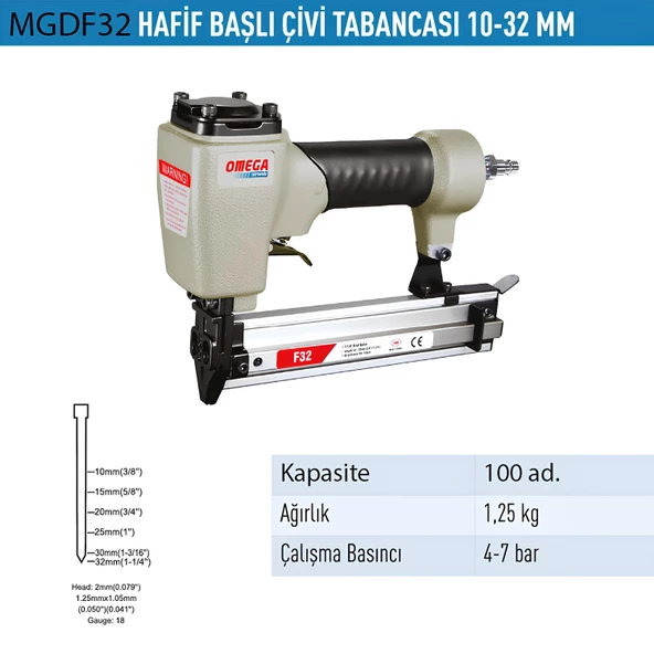 Omega Çivi Tabancası Döşeme Tabancası Hafif Başlı Havalı Çivi Çakma 10-32 mm - 2