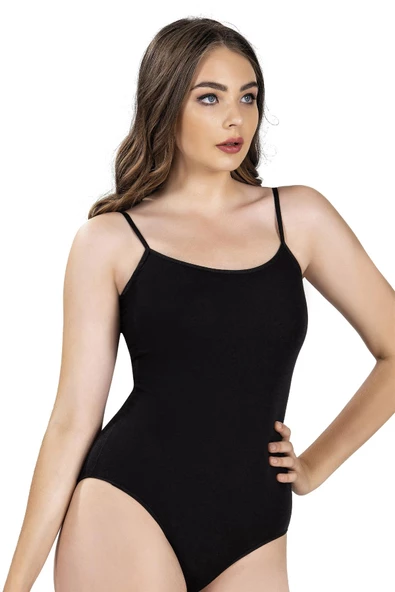Jiber Kadın İp Askılı Kancalı Likralı Body 502 - 12 Adet  Siyah L - Resim 3