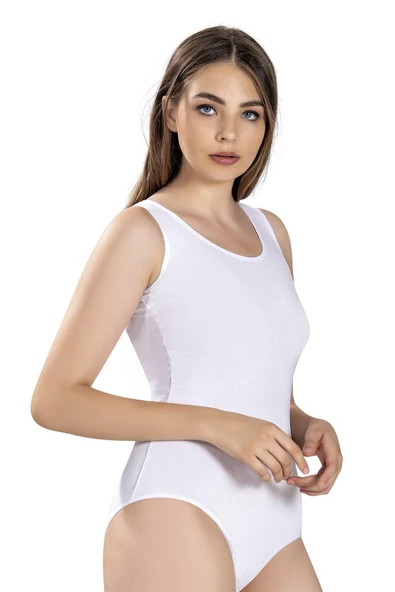 Jiber Kadın Geniş Askılı Kancalı Likralı Body 582 - 12 Adet  Beyaz M - Resim 2