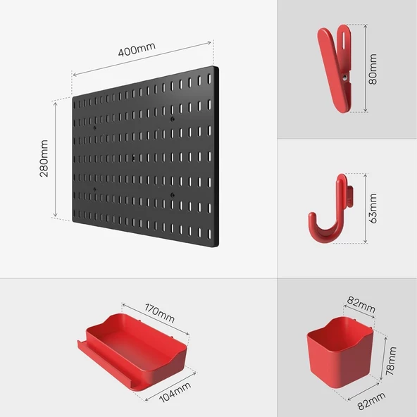 Plastik Delikli 7 Parçalı Organizer Siyah Kırmızı Çok Amaçlı Anahtarlık Pano Düzenleyici 40x28 cm - 3