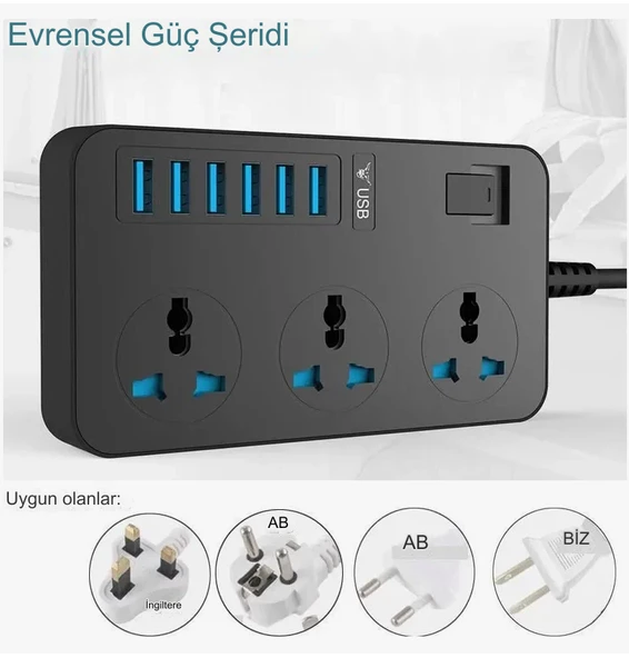 3000W Güç Şeridi Dalgalanma Koruyucusu 3 AC Çıkışları ve 6 USB Şarj Portu  Akım Korumalı Grup Priz - 2