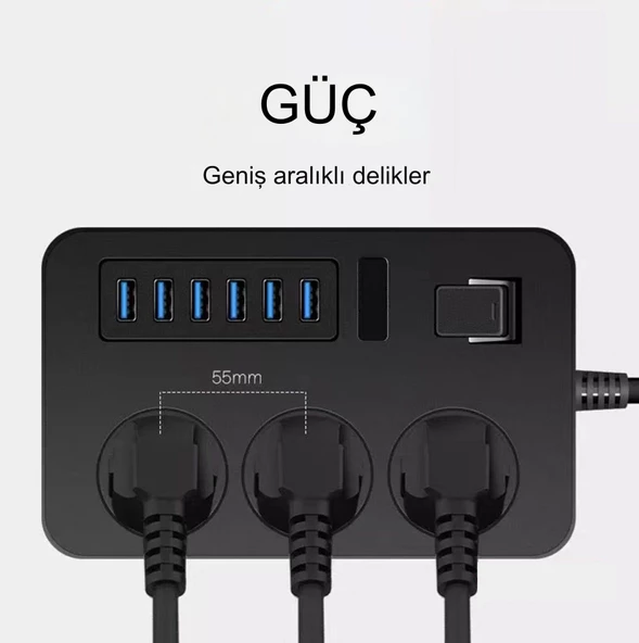 3000W Güç Şeridi Dalgalanma Koruyucusu 3 AC Çıkışları ve 6 USB Şarj Portu  Akım Korumalı Grup Priz - 4