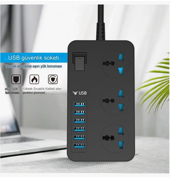 3000W Güç Şeridi Dalgalanma Koruyucusu 3 AC Çıkışları ve 6 USB Şarj Portu  Akım Korumalı Grup Priz - 3