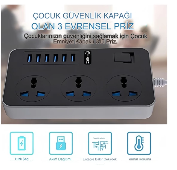 3000W Güç Şeridi Dalgalanma Koruyucusu 3 AC Çıkışları ve 6 USB Şarj Portu  Akım Korumalı Grup Priz - 5