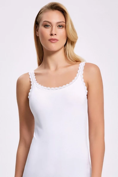 İlke Kadın Likralı Askısı Dantelli Atlet 2211 - 6 Adet  Beyaz M ürün görseli