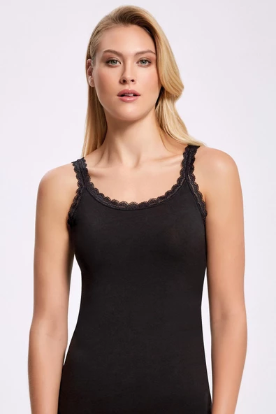 İlke Kadın Likralı Askısı Dantelli Atlet 2211 - 3 Adet  Siyah L - Resim 2