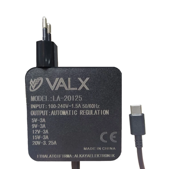 Notebook Adaptör Type-C Otomatik Voltaj 5V/9V/12V/15V/20V 3A Valx LA-20125 - 1