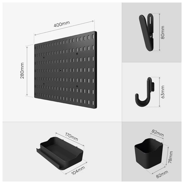 Plastik Delikli 7 Parçalı Organizer Siyah Renk Çok Amaçlı Anahtarlık Pano Düzenleyici 40x28 cm - 3