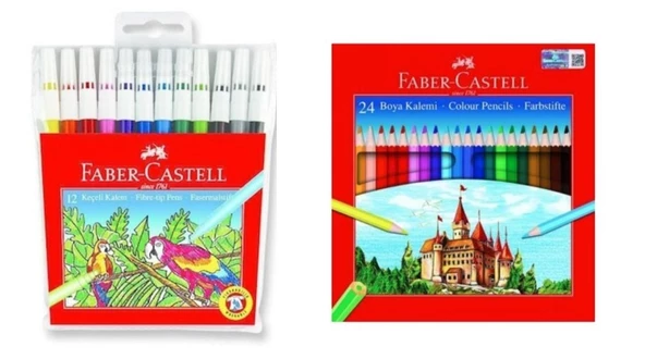 Faber Castell  Kuru Boya Tam Boy 24 Renk + Faber Castell 12'li Keçeli Kalem