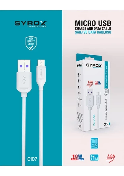 Syrox C107 Micro USB Hızlı Şarj ve Data Kablosu 1mt 3.0A 18W Beyaz