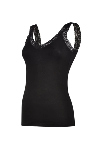 Yıldız Bayan Askıları Dantelli V Yaka Likralı Atlet  XL Siyah - Resim 5