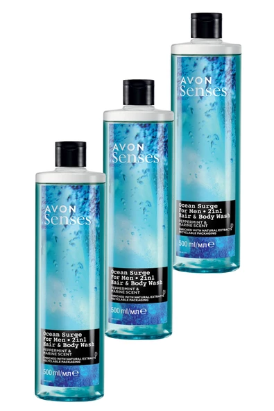 AVON Senses Ocean Surge Nane ve Deniz Kokulu Saç ve Vücut için Erkek Duş Jeli 500 Ml. Üçlü Set