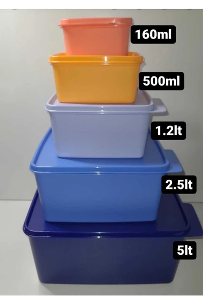 Tupperware Kare Saklama Kabı 5’li Çok Amaçlı Kutu Renkli 160-500-1.2-2.5-5l