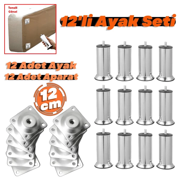 12'li Set Metal Mobilya Kanepe Koltuk Baza Yatak Çekyat Yükseltme Ayağı Ayakları M8 Civata Krom 12 Cm