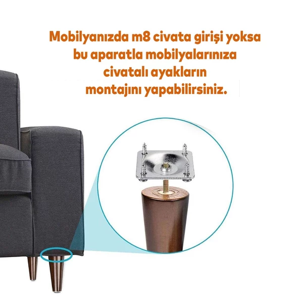 12'li Set Metal Mobilya Kanepe Koltuk Baza Yatak Çekyat Yükseltme Ayağı Ayakları M8 Civata Krom 12 Cm - 6